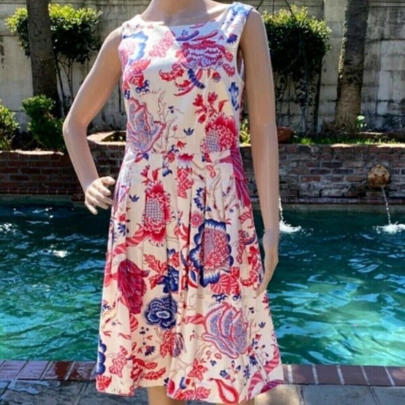 Talbots Dress 12 White Pink Floral Pockets Pleated Fit Flare Boho lined Midi - Picture 1 of 13